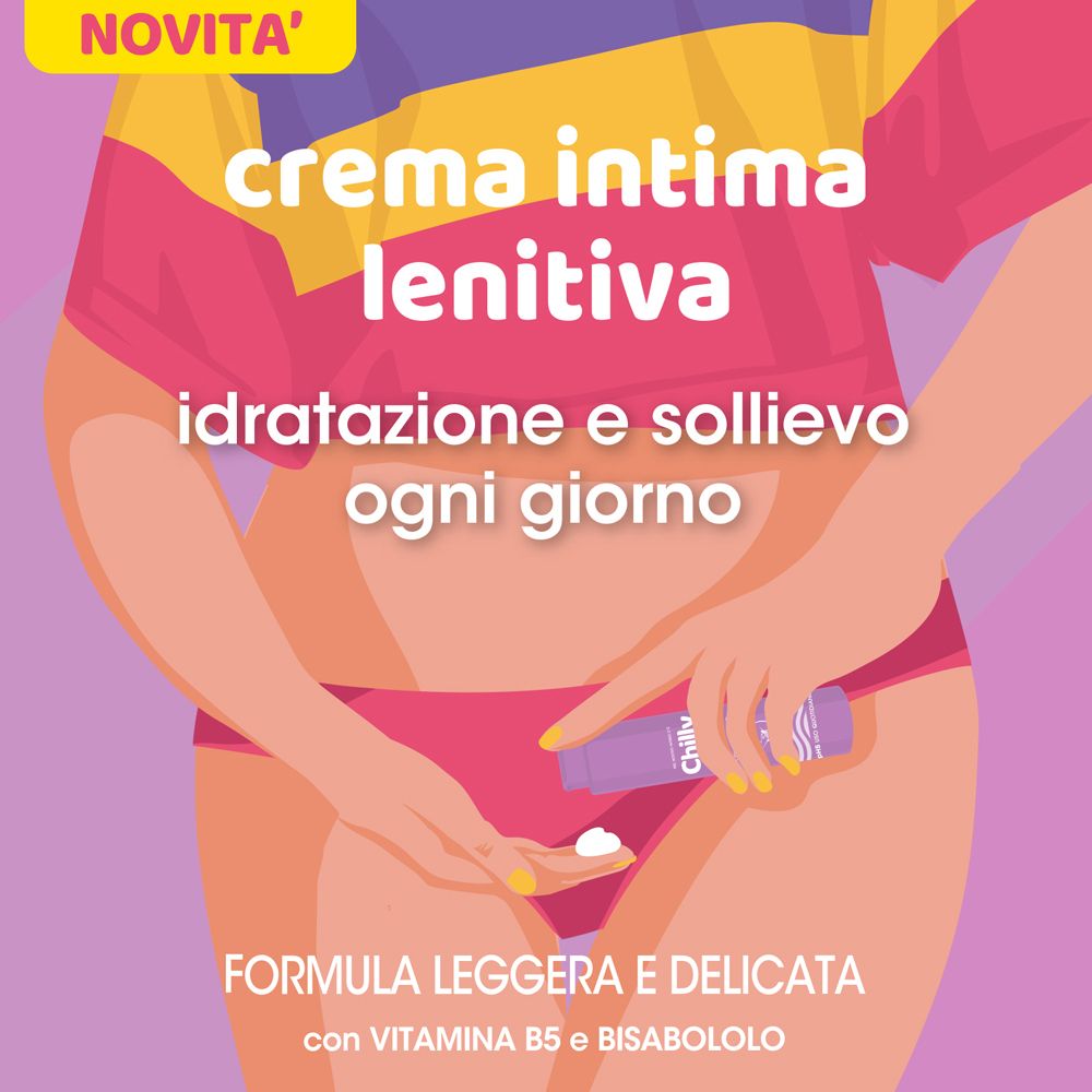 Illustration einer Person, die Creme aufträgt. Text: Crema intima lenitiva. Mit Vitamin B5 und Bisabolol.