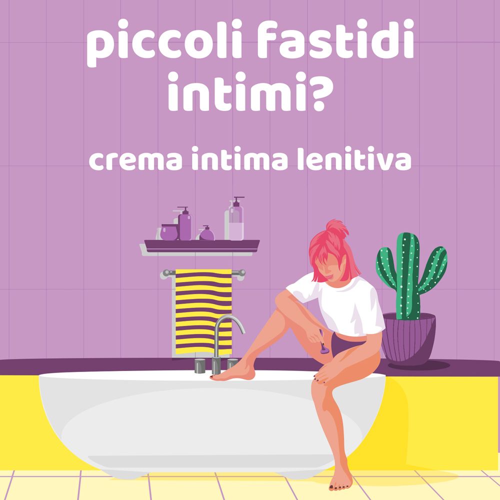 Illustration einer Person in der Badewanne. Text: Crema intima lenitiva.