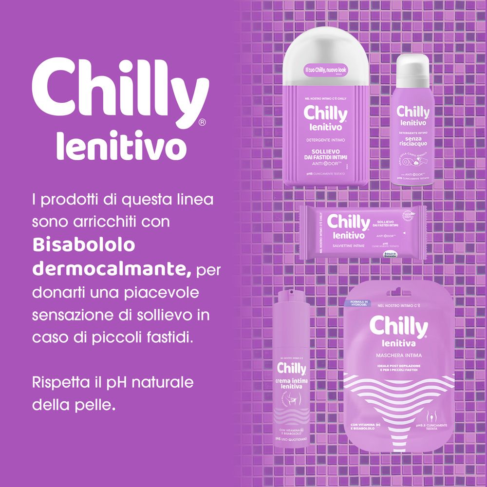 Verschiedene Chilly-Produkte. Text: Chilly lenitivo. Mit Bisabololo. Respektiert den pH-Wert der Haut.