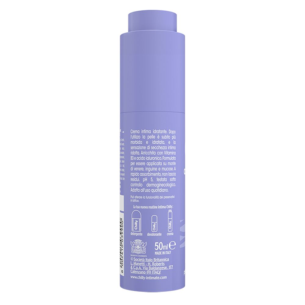 Rückseite der lila Flasche. Enthält Produktinformationen und Logo. 50ml. Dermatologisch getestet.