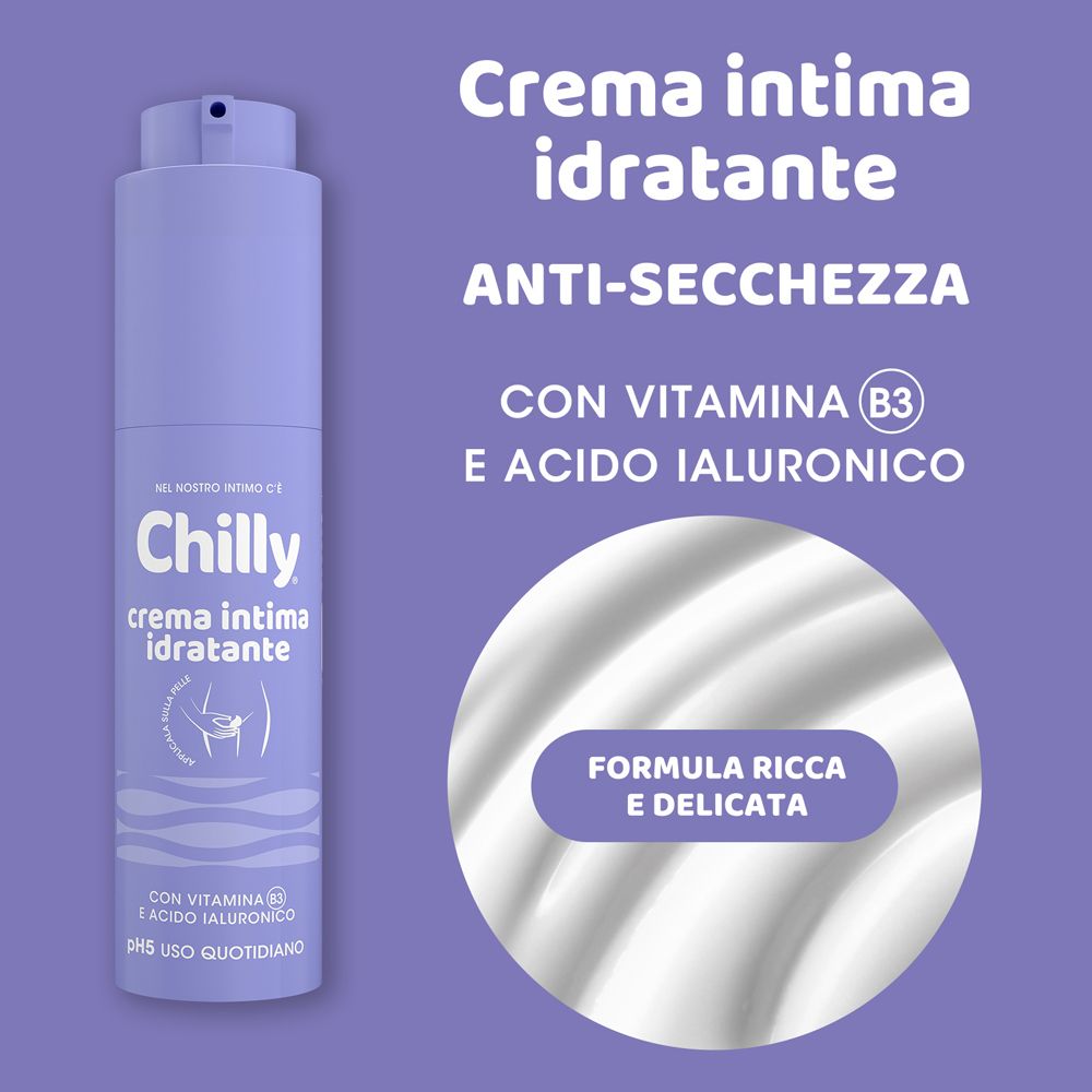 Werbebild mit Produkt und Text. 'Creme Intima Idratante'. Anti-Trockenheit. Mit Vitamin B3 und Hyaluronsäure.