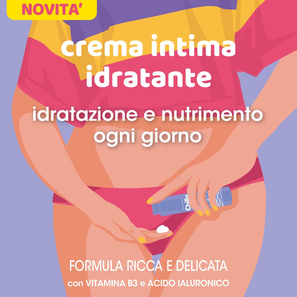 Illustration einer Frau, die das Produkt verwendet. Text: 'Creme Intima Idratante'. Mit Vitamin B3 und Hyaluronsäure.