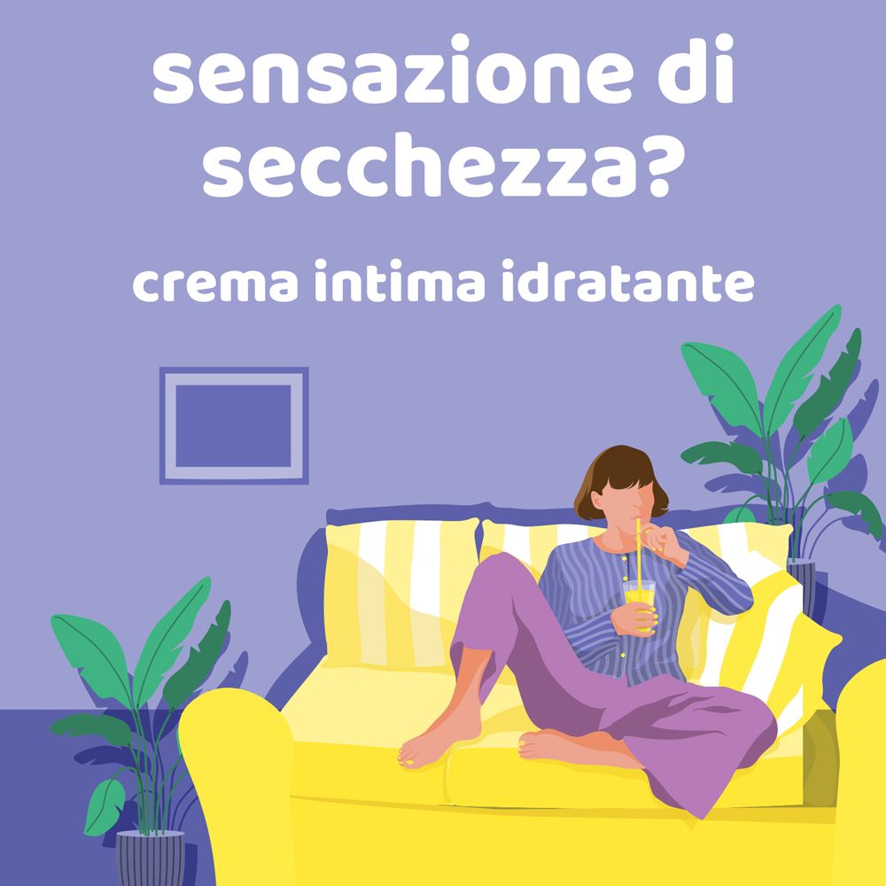 Frau auf Sofa, trinkt. Text: 'Sensations de sécheresse? Creme Intima Idratante'.