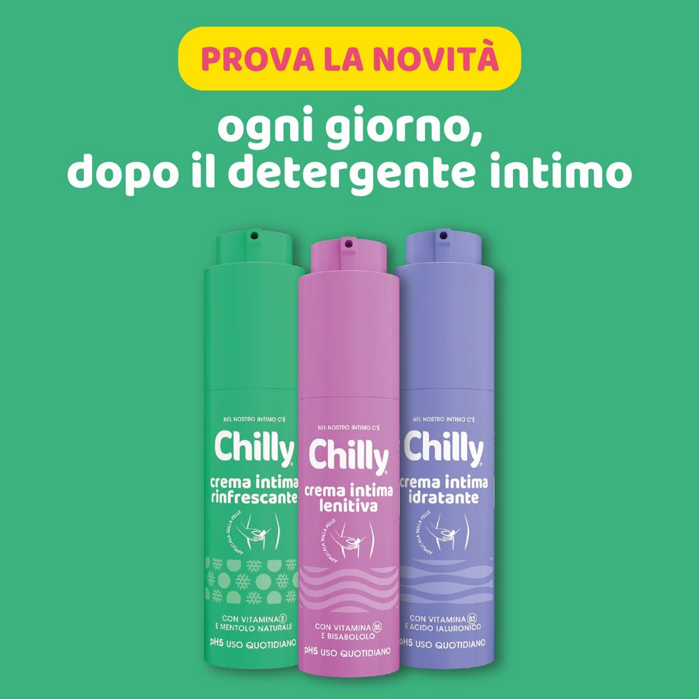 Drei Flaschen. 'Chilly' Creme Intima. Grün, Rosa, Lila. Für die tägliche Anwendung.