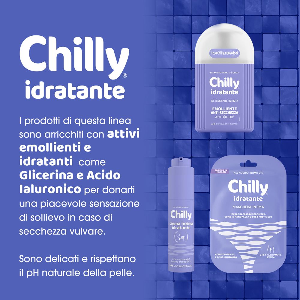 Verschiedene Produkte der Linie 'Chilly'. Creme Intima Idratante. Mit Glycerin und Hyaluronsäure.