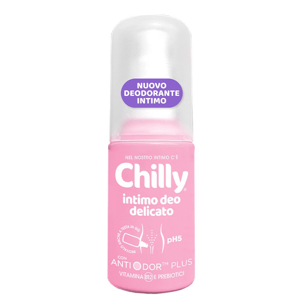 Chilly Intimo Deo Delicato: flacone spray rosa con tappo bianco. Contiene Anti Odor Plus, Vitamina B3E e prebiotici.