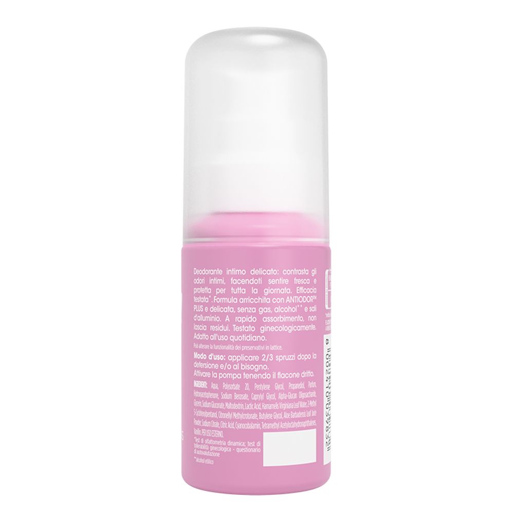Spray deodorante intimo rosa con tappo trasparente e dispenser a pompa. Contiene testo in italiano.