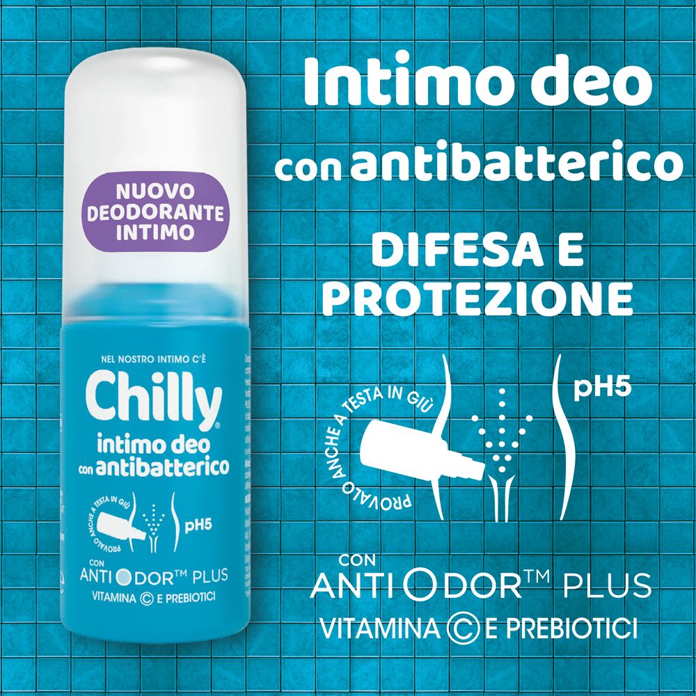 Chilly Intim Deo mit antibakteriellem Schutz, pH5, Vitamin C und Präbiotika.