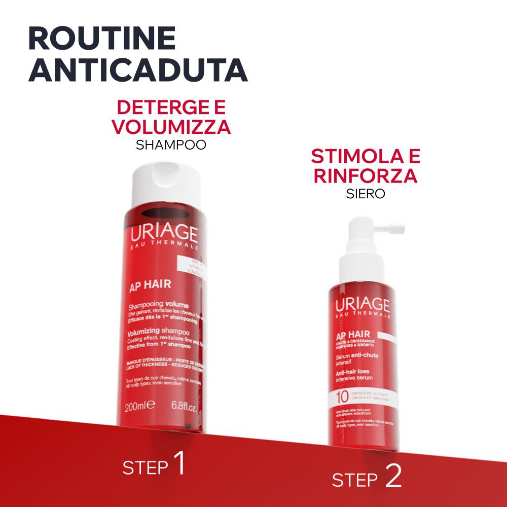 Zwei Uriage AP Hair Produkte: ein Shampoo (200ml) und ein Serum gegen Haarausfall.
