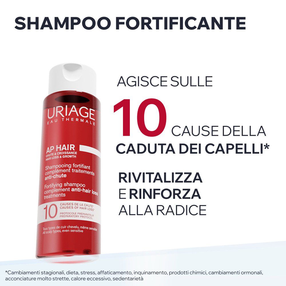 Rote Flasche Uriage AP Hair Shampoo Fortifiant mit weißem Etikett und weißem Verschluss.