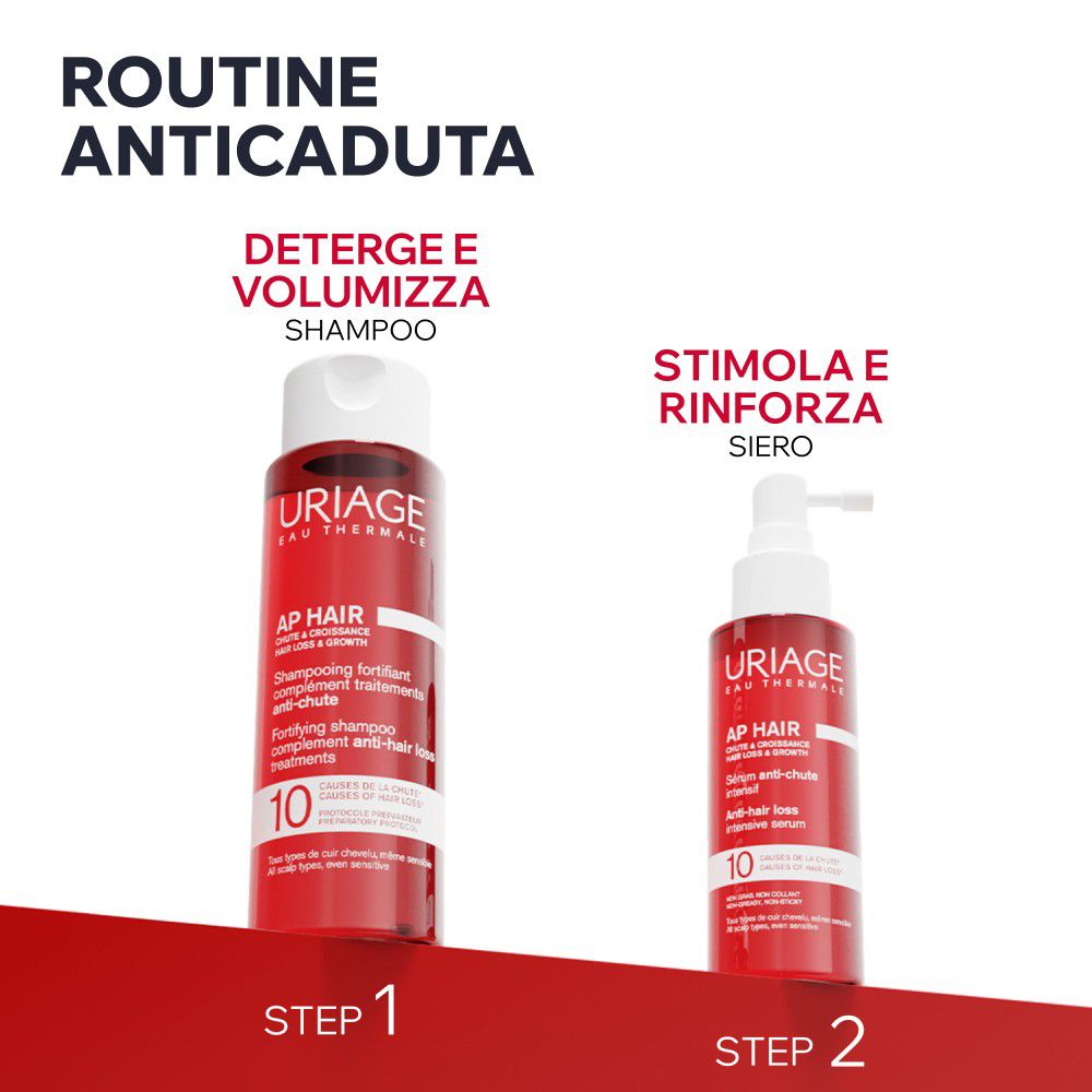 Zwei Uriage AP Hair Flaschen: Shampoo und Serum gegen Haarausfall.