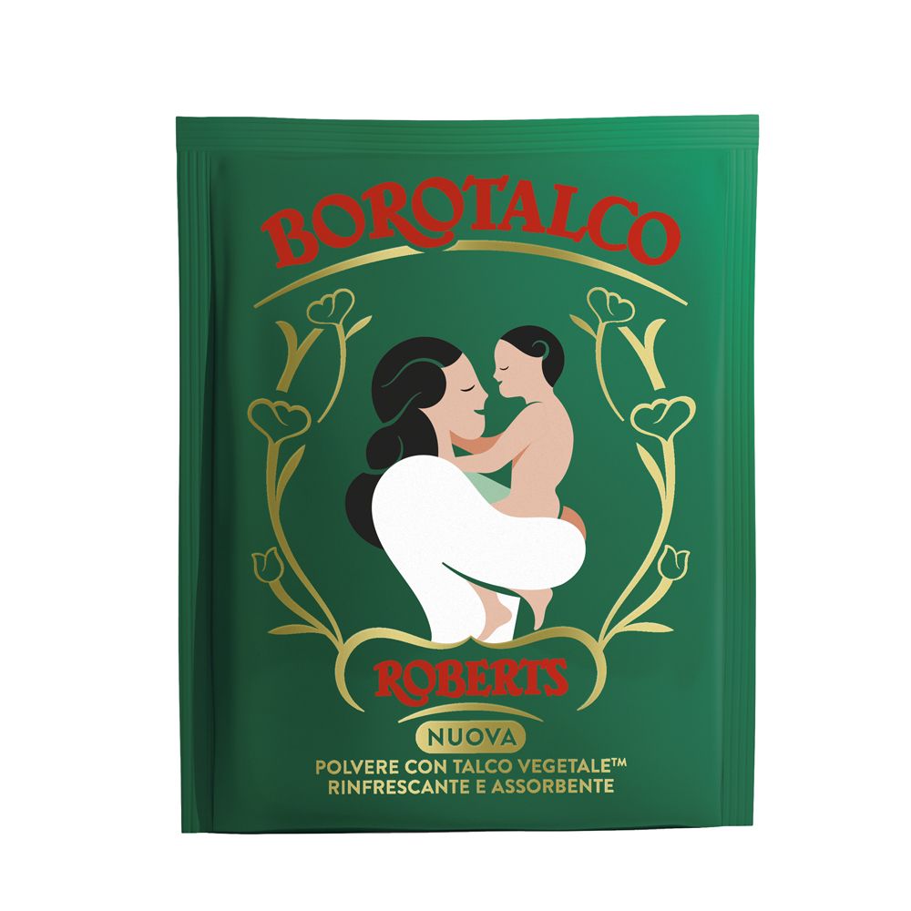 Grüne Verpackung mit Borotalco-Logo und Abbildung einer Mutter mit Kind. Text: „Polvere con talco vegetale“.