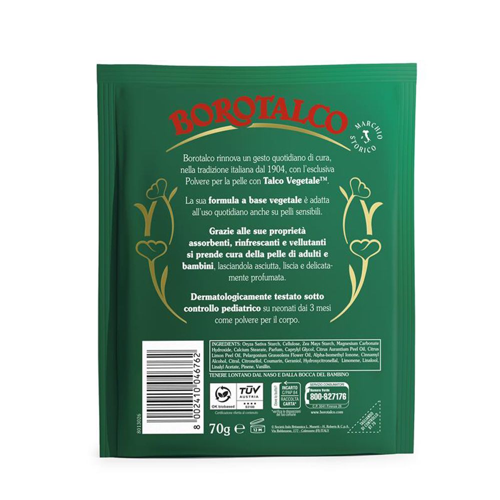 Rückseite der grünen Borotalco-Verpackung. Text in italienischer Sprache, Inhaltsstoffe, Zertifizierungen und Kontaktinformationen.
