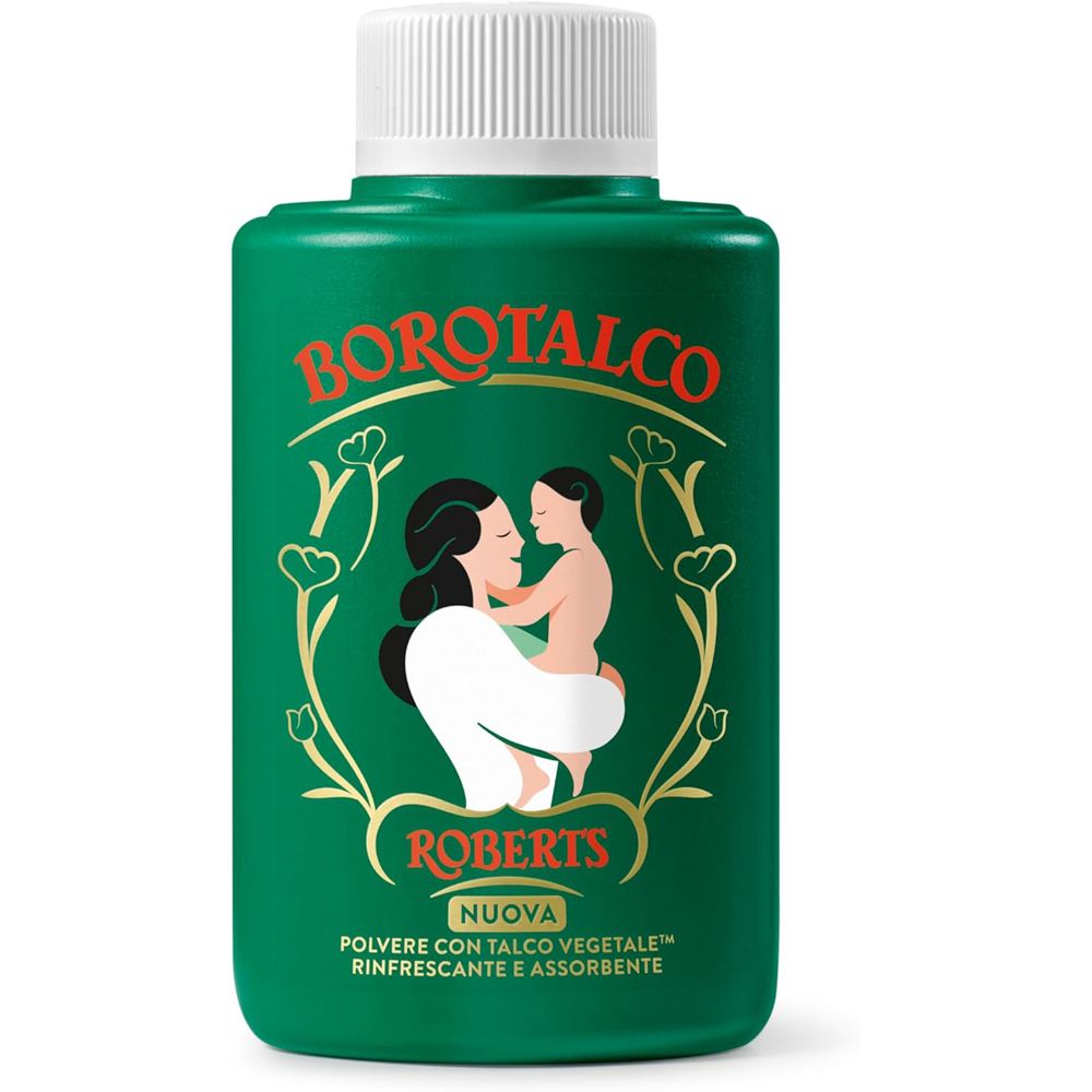 Flacone verde con tappo bianco. Scritta: Borotalco, Roberts. Illustrazione: madre e bambino. Testo: polvere con talco vegetale, rinfrescante e assorbente.