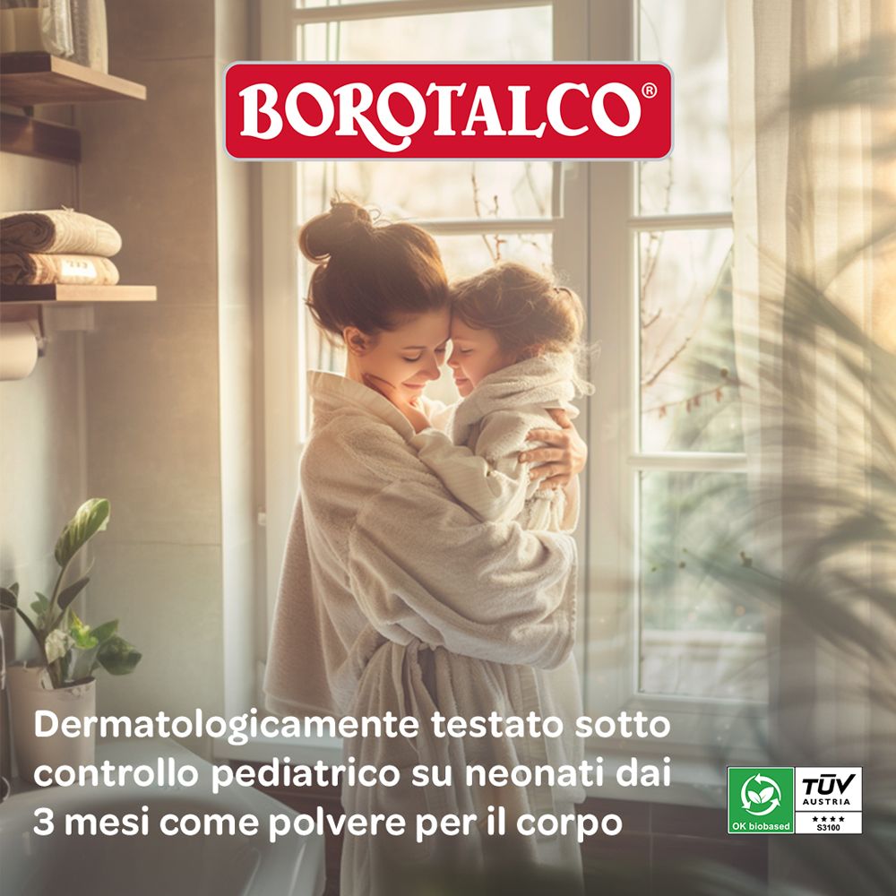Logo Borotalco. Madre e bambino si abbracciano. Testo: Dermatologicamente testato sotto controllo pediatrico per neonati dai 3 mesi.