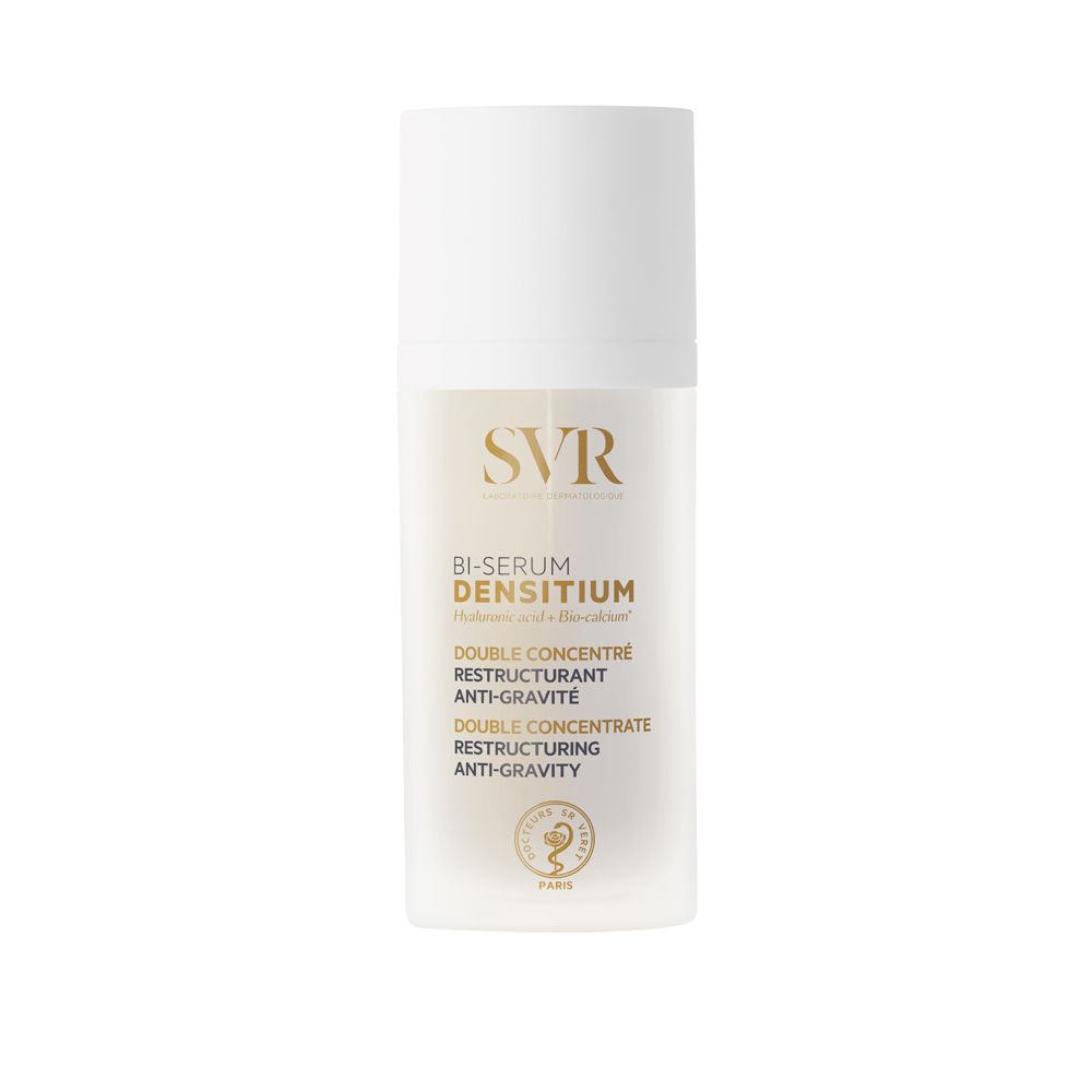 SVR Bi-Serum Densitium. Doppelkonzentrat. Restrukturierend, Anti-Schwerkraft. Weiße Flasche mit weißem Deckel.