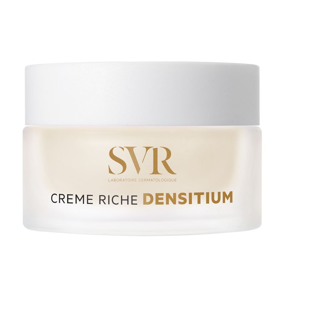 Creme-Tiegel mit weißem Deckel. Auf dem Tiegel steht "SVR" und "CREME RICHE DENSITIUM".