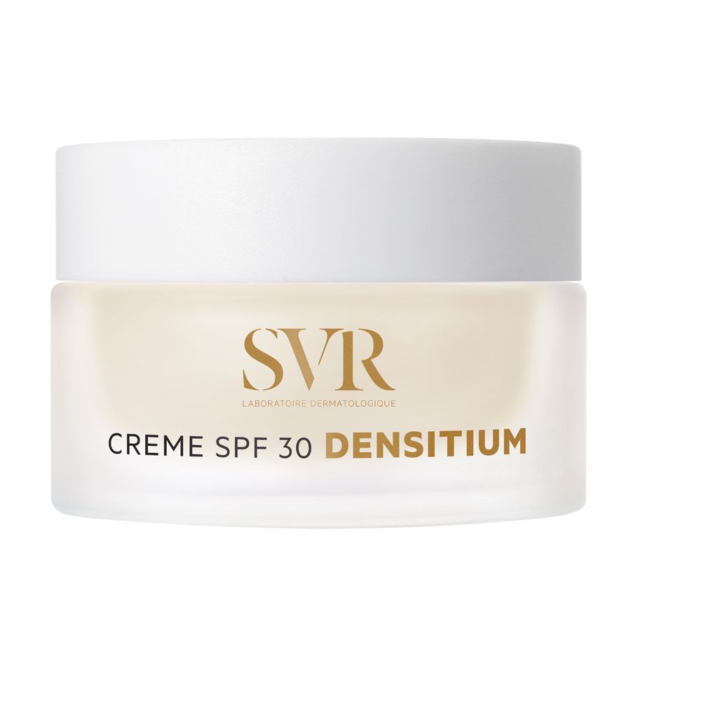 Creme-Tiegel mit weißem Deckel. Auf dem Tiegel steht "SVR" und "CREME SPF 30 DENSITIUM".