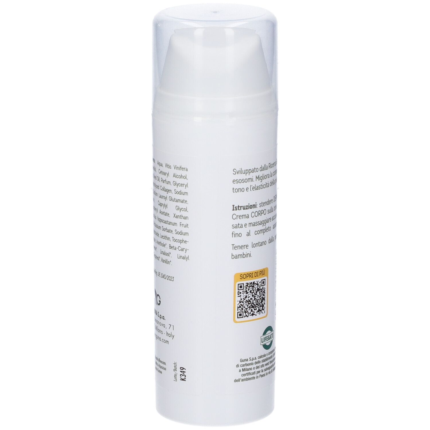 Seite der Dermoguna Crema Corpo Flasche mit Inhaltsstoffliste und QR-Code.