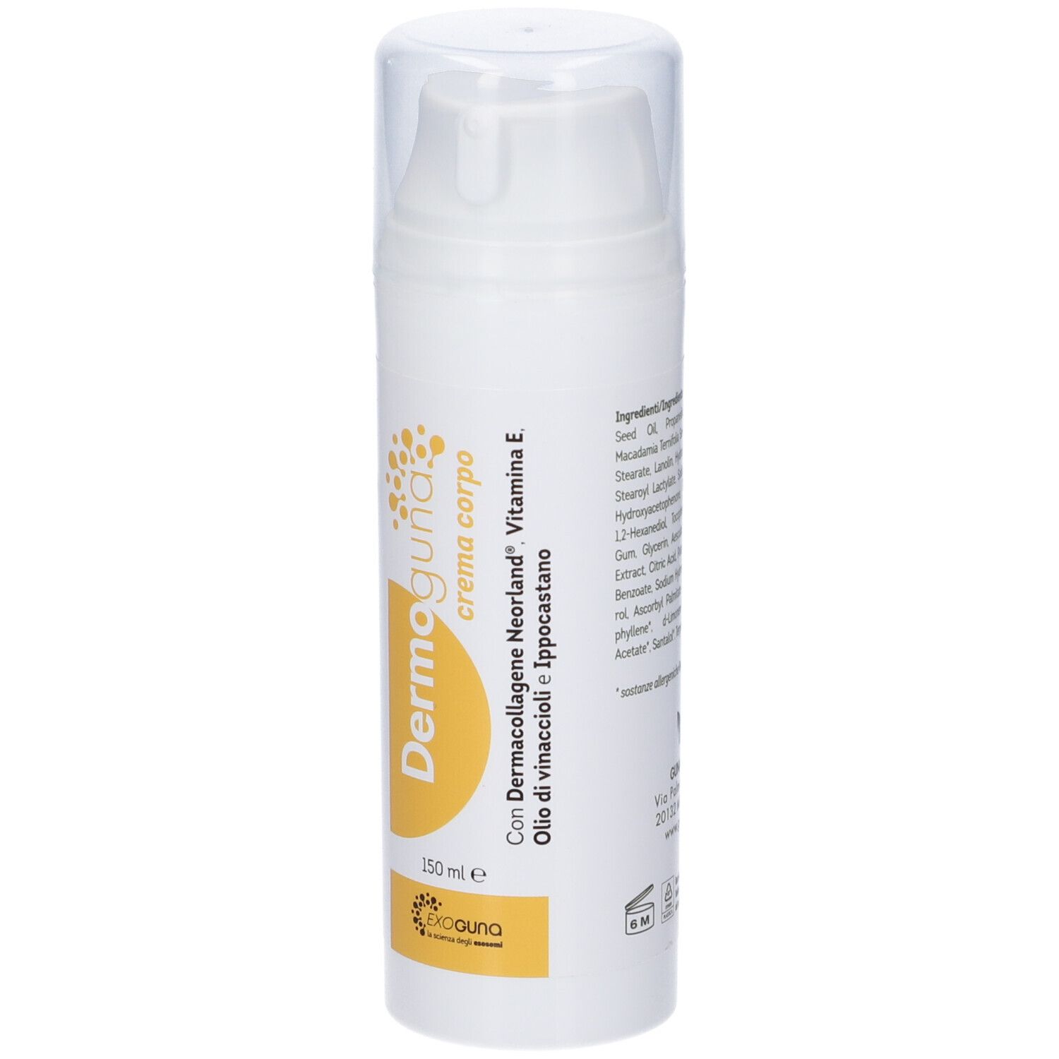 Vorderseite der Dermoguna Crema Corpo Flasche mit Produktbezeichnung und Inhaltsstoffen.