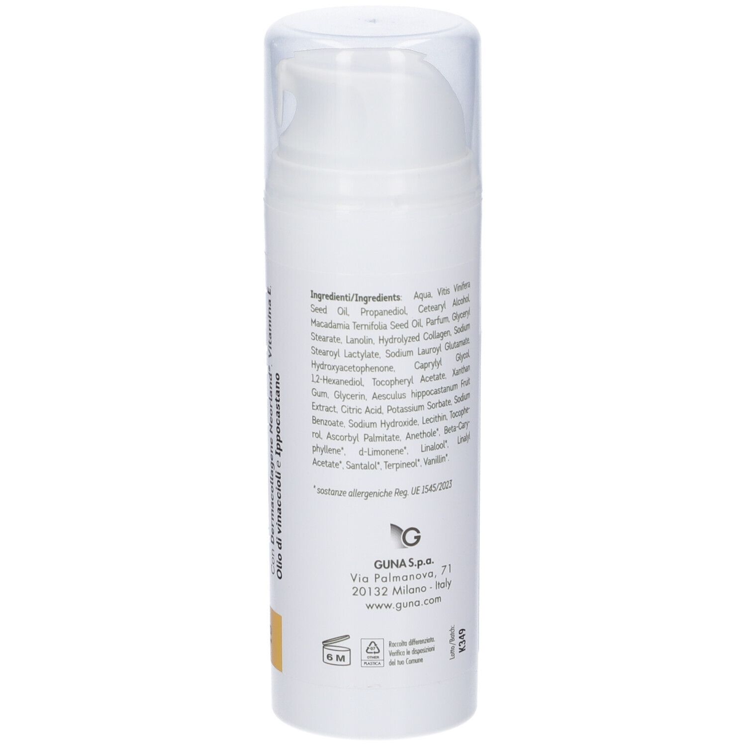 Detailansicht der Inhaltsstoffe auf der Dermoguna Crema Corpo Flasche.
