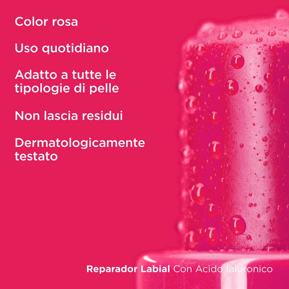 Rosa Lippenpflegestift. Text: Tägliche Anwendung, für alle Hauttypen geeignet, hinterlässt keine Rückstände.