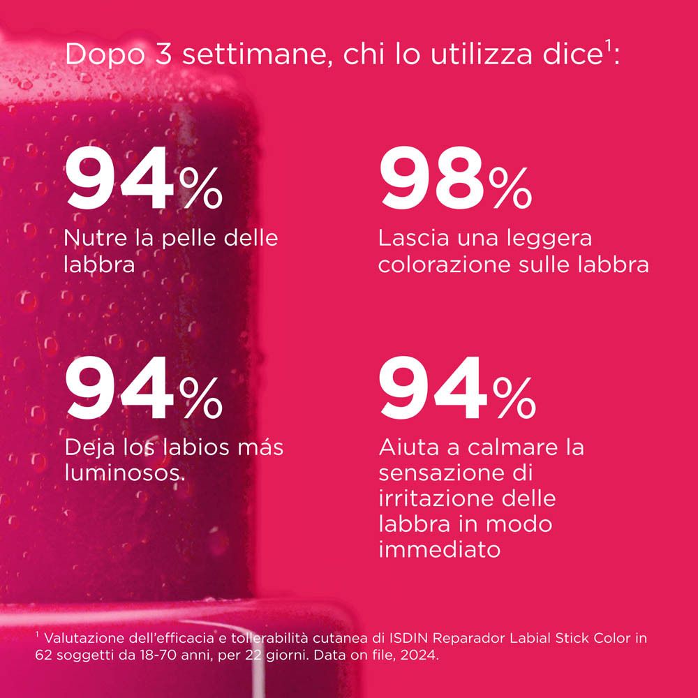 Text mit Produktinformationen. Text: 94% nährt die Lippenhaut, 98% hinterlässt eine leichte Färbung auf den Lippen.