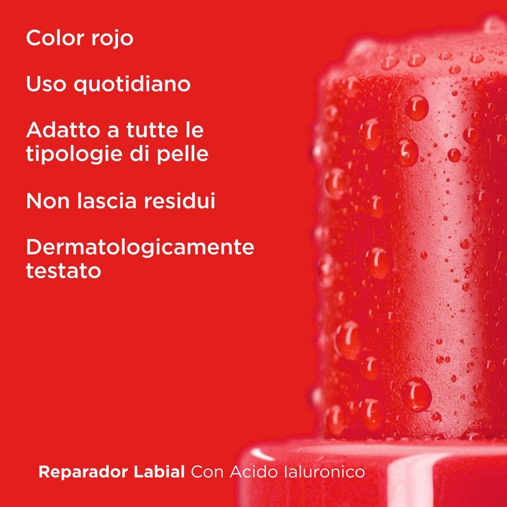 Roter Lippenpflegestift. Text mit Produktinformationen.
