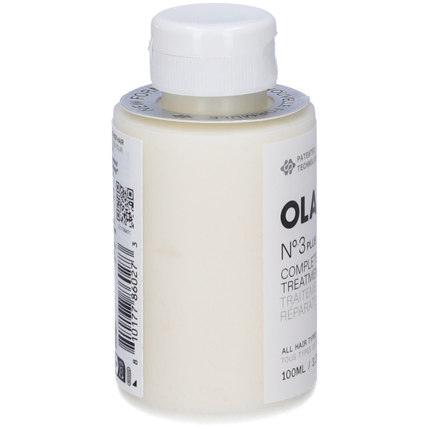 Weiße Flasche mit weißem Schraubverschluss. Enthält eine Haarbehandlung. 100ml.