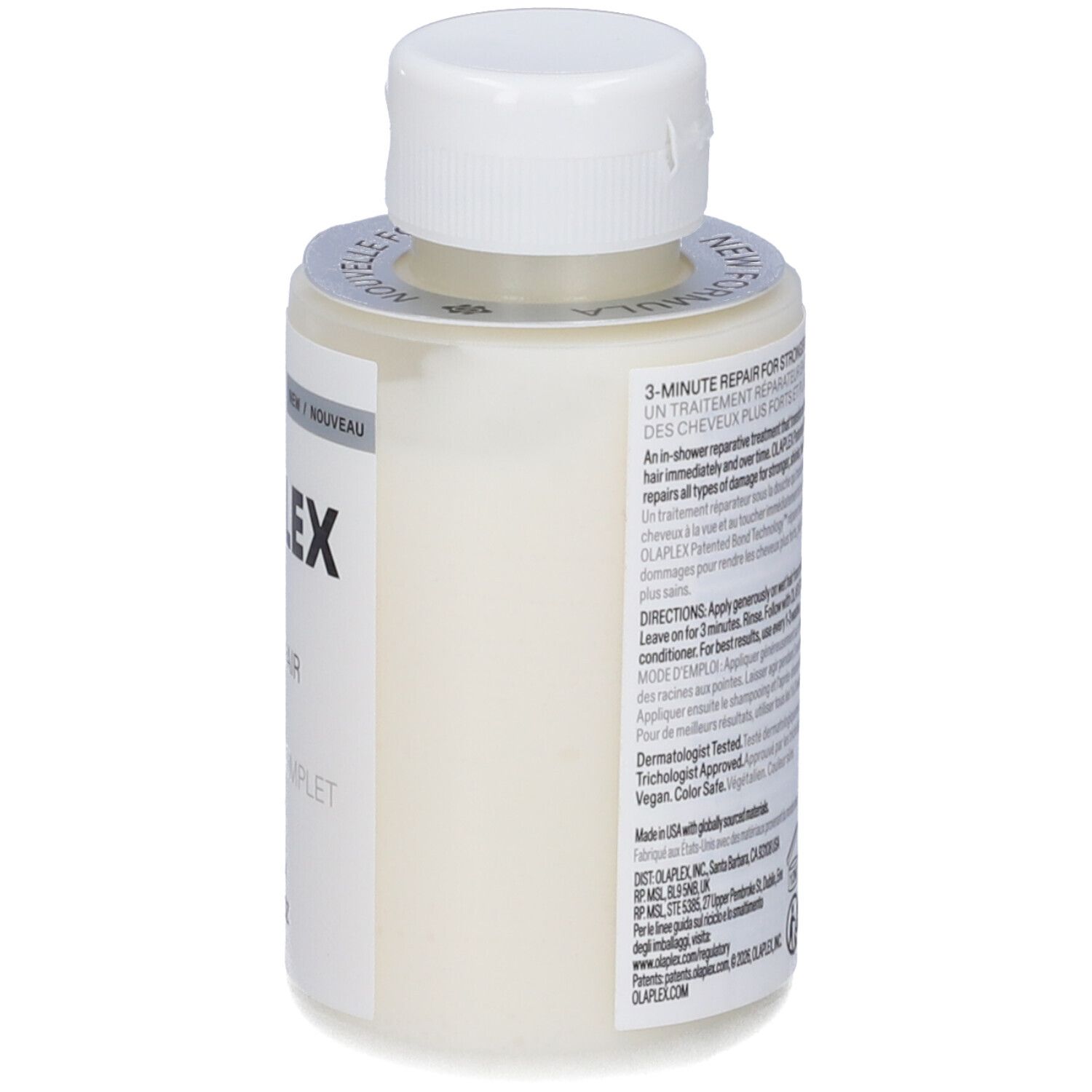 Kleine Flasche mit weißem Deckel, enthält eine weiße Creme. Etikett mit 'OLAPLEX' und Anwendungshinweisen.