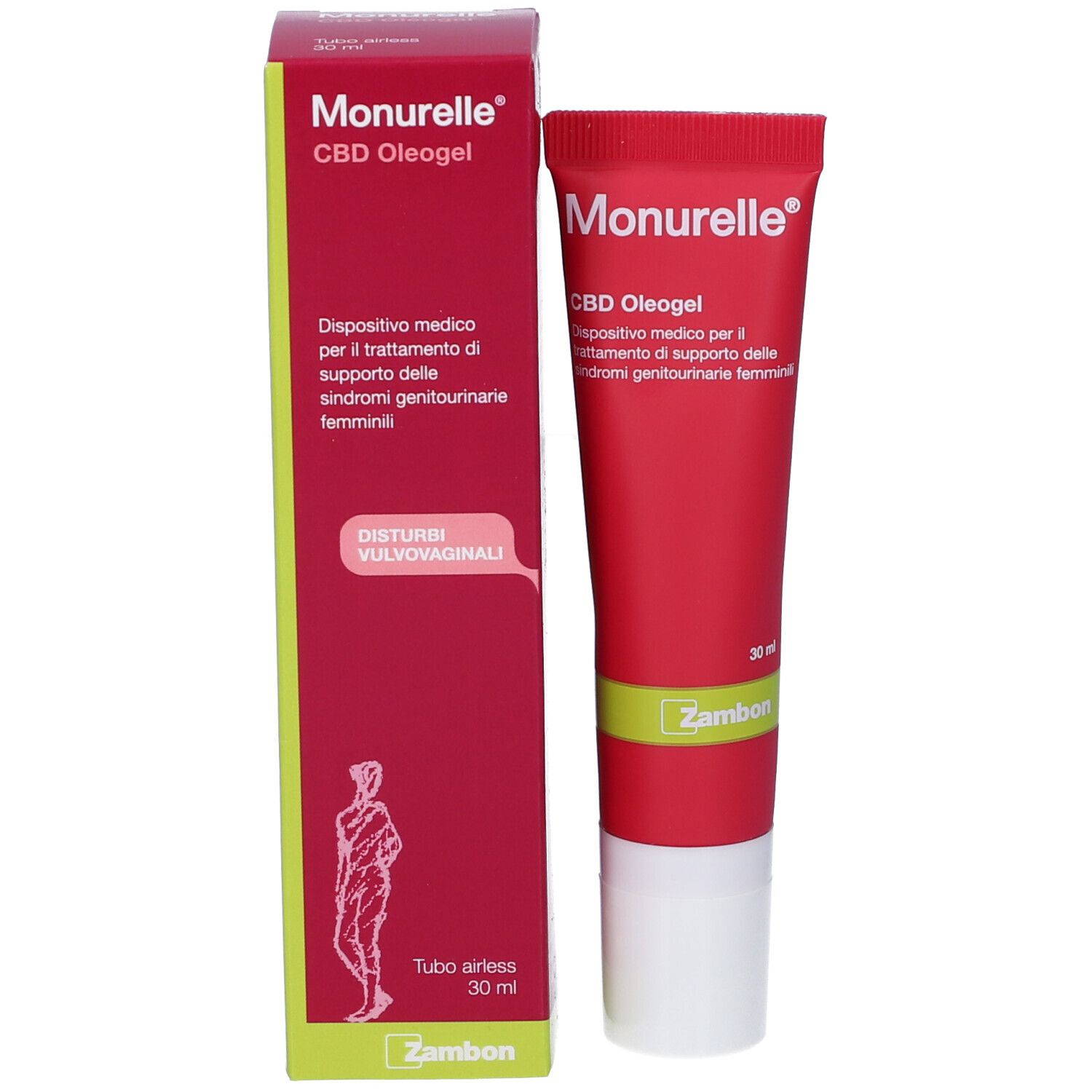 Monurelle CBD Oleogel Tube und Verpackung: Rote Tube neben einer roten Faltschachtel mit grünen Akzenten.
