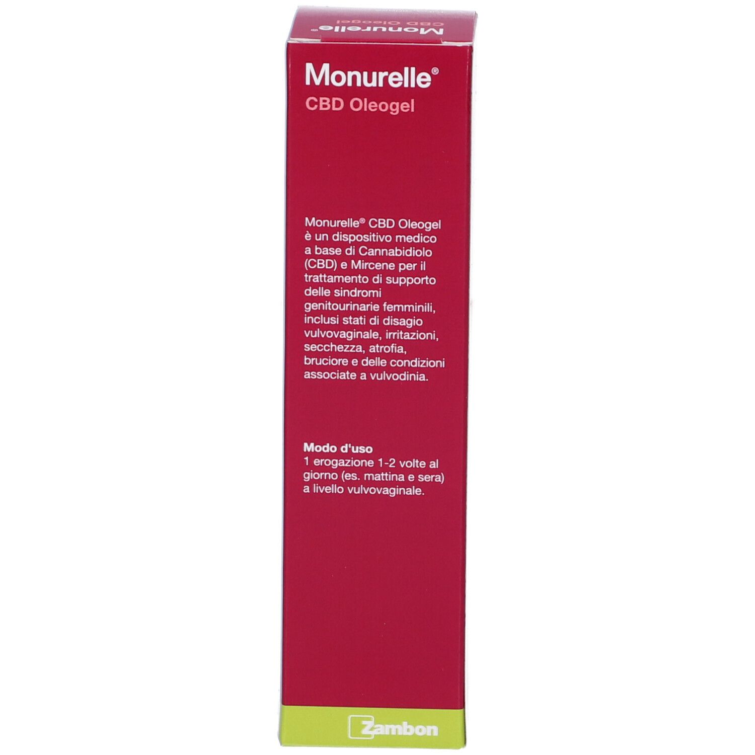 Vorderseite der Monurelle CBD Oleogel Verpackung mit Produktnamen und Anwendungsbeschreibung.