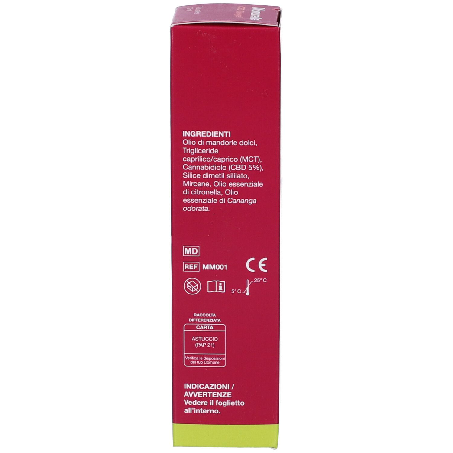 Seite der Monurelle CBD Oleogel Verpackung mit Inhaltsstoffen, CE-Kennzeichnung und MD-Symbol.