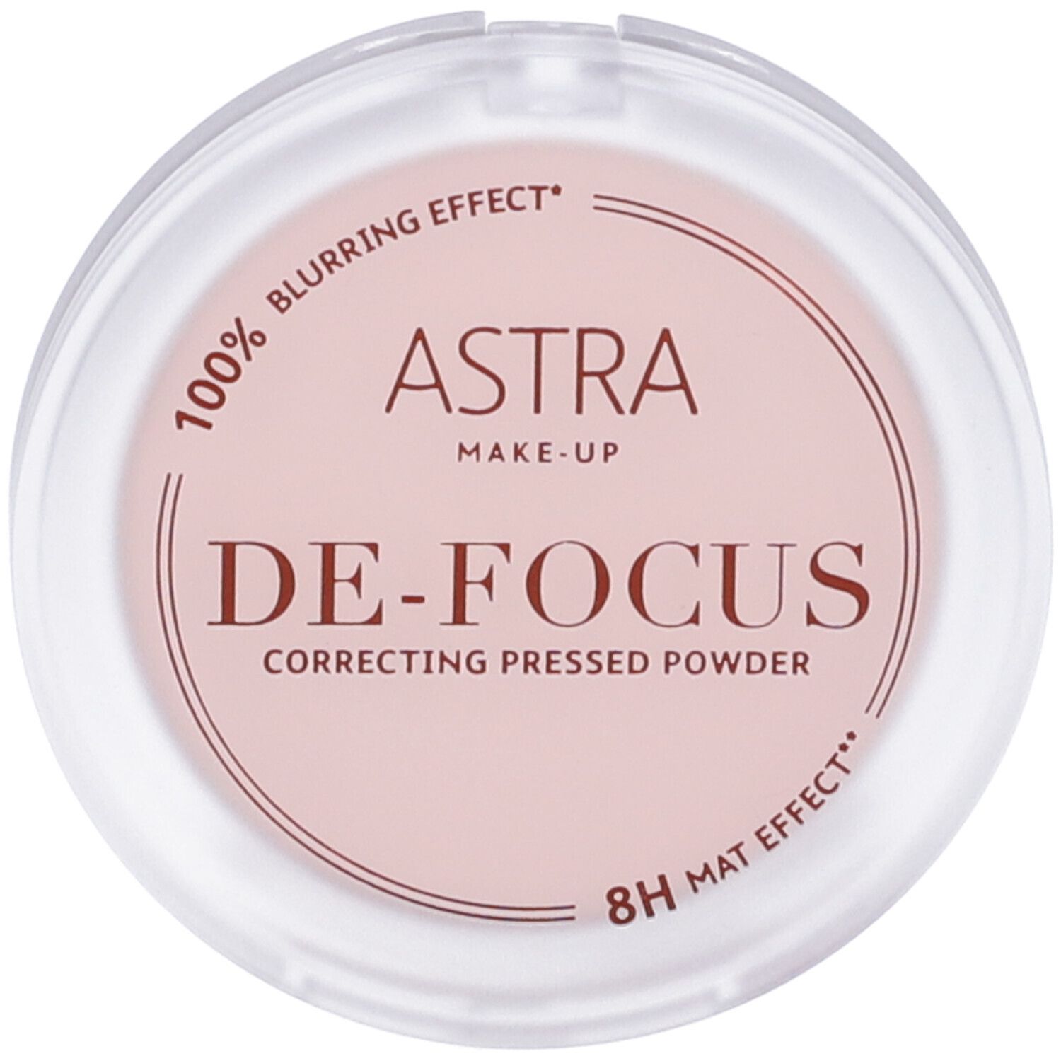 Astra Make-Up De-Focus Polvere Correttiva Compatta in contenitore trasparente con cipria rosa.