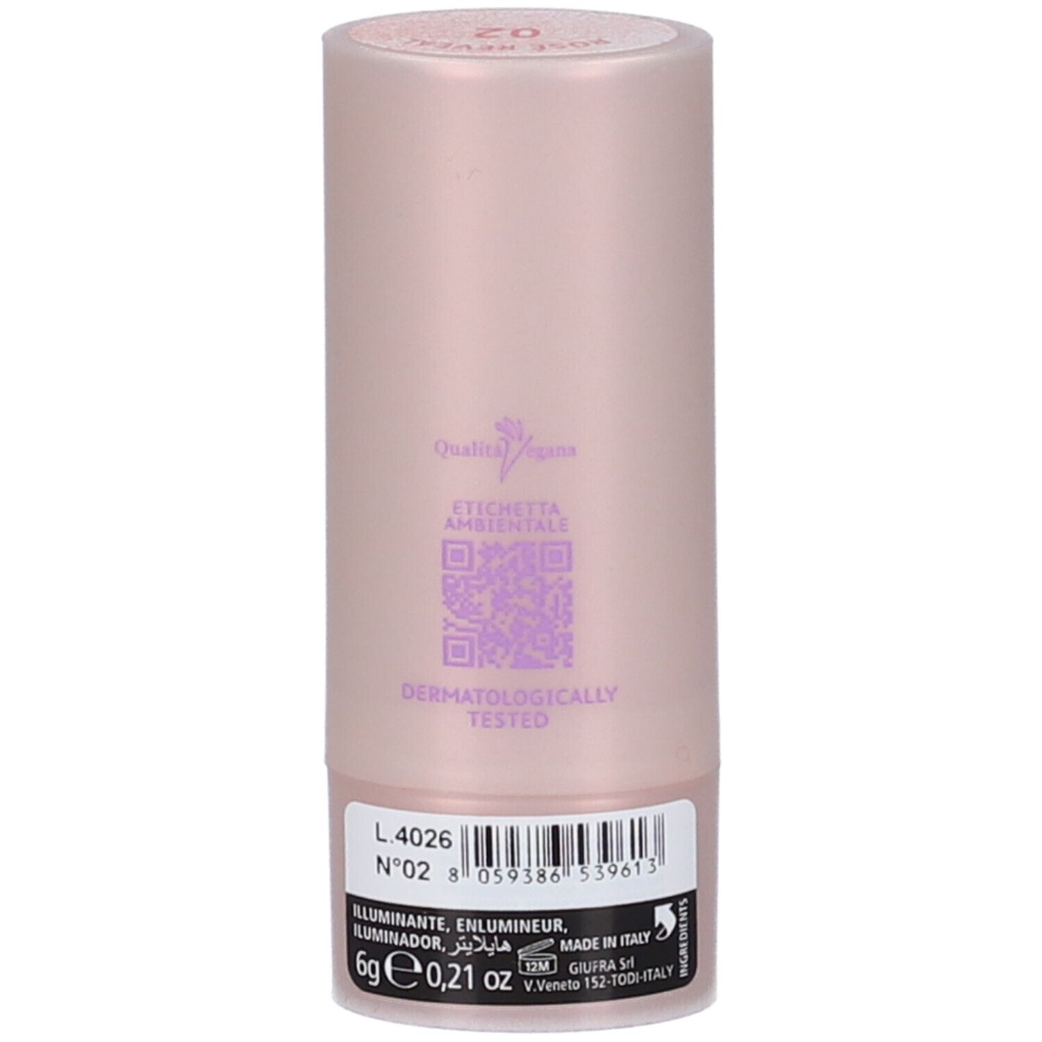 Stick illuminante color rosa tenue, con scritta 'DERMATOLOGICALLY TESTED'.