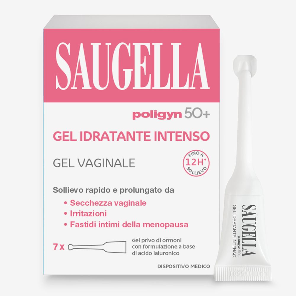 Saugella Polygyn 50+ Gel Idratante Intenso Packung mit 7 Vaginalgel-Applikatoren.