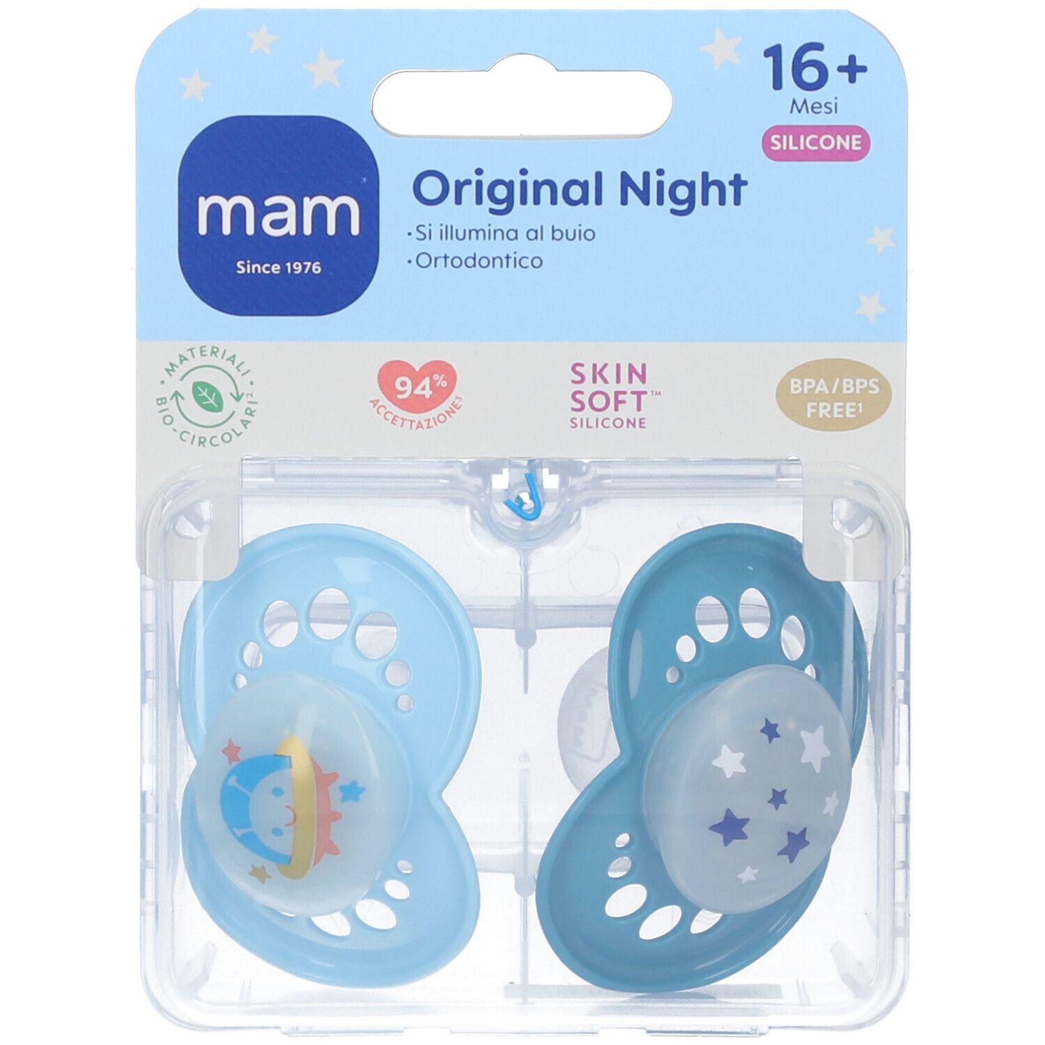 Mam Original Night Succhietti Ortodontici 16+ Mesi Colore Azzurro 2 Pezzi
