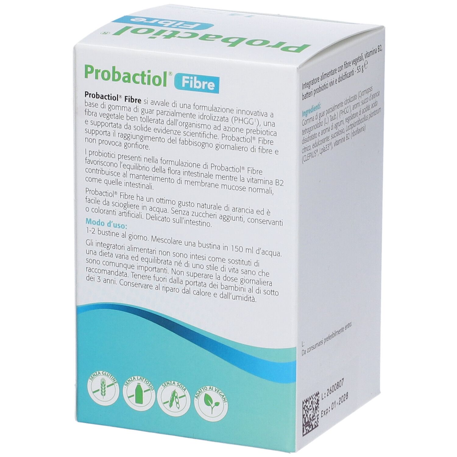 Karton mit "Probactiol Fibre". Text: Anwendung, Inhaltsstoffe, 14 Beutel. Metagenics-Logo.
