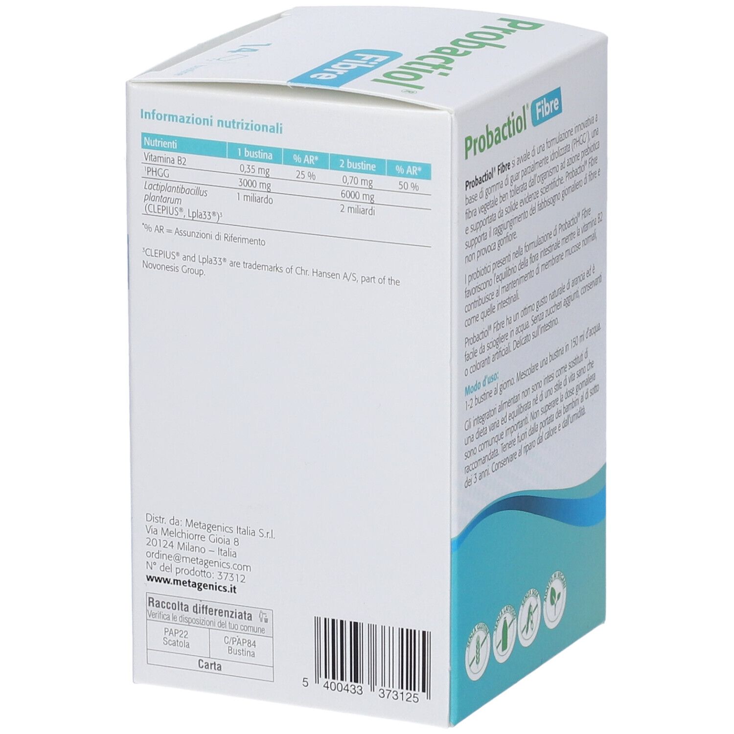Karton mit "Probactiol Fibre". Text: Nährwertangaben, Inhaltsstoffe, 14 Beutel. Metagenics-Logo.