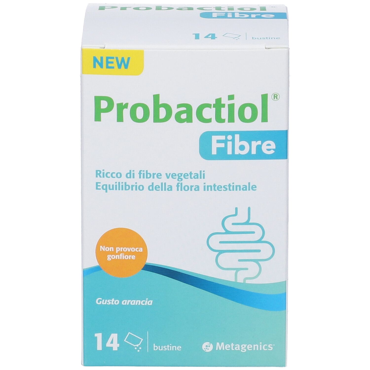 Weißer Karton mit "Probactiol Fibre"-Logo. Enthält 14 Beutel. Text: "Gusto arancia". Metagenics-Logo.