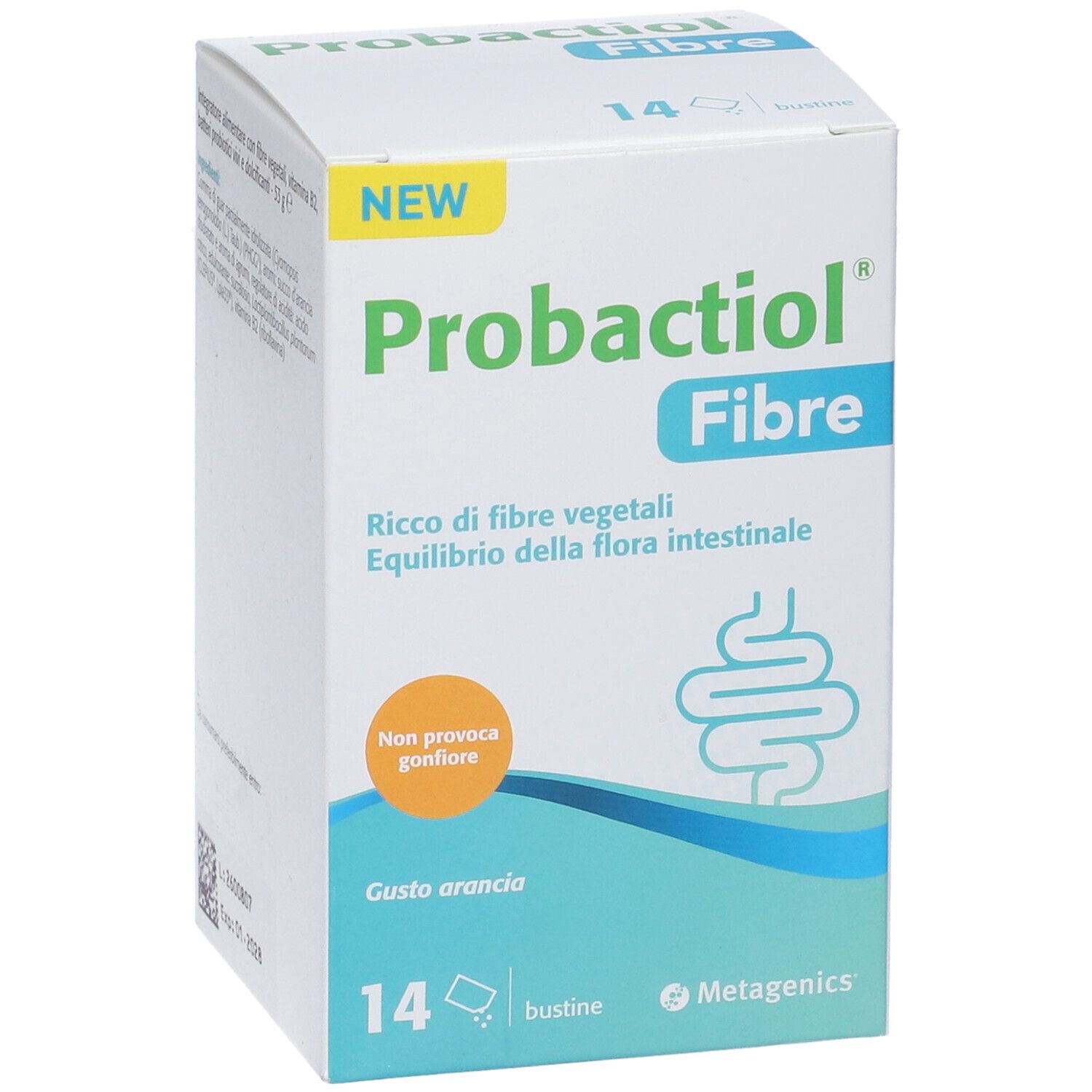 Weißer Karton mit "Probactiol Fibre"-Logo. Enthält 14 Beutel. Text: "Gusto arancia". Metagenics-Logo.