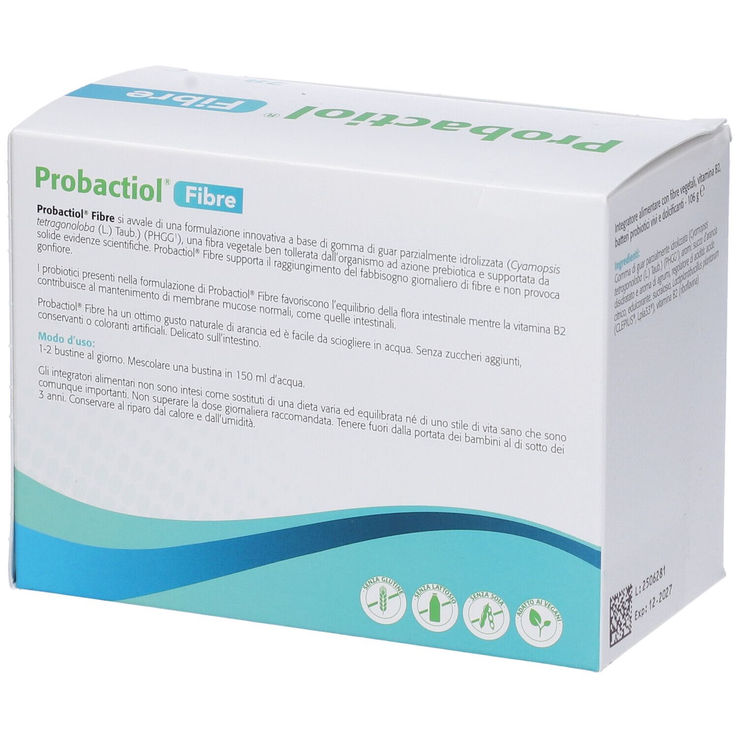 PROBACTIOL Fibre Packung. Text: Beschreibung des Produkts, Anwendungshinweise. Enthält 28 Beutel. Ohne Zuckerzusatz.
