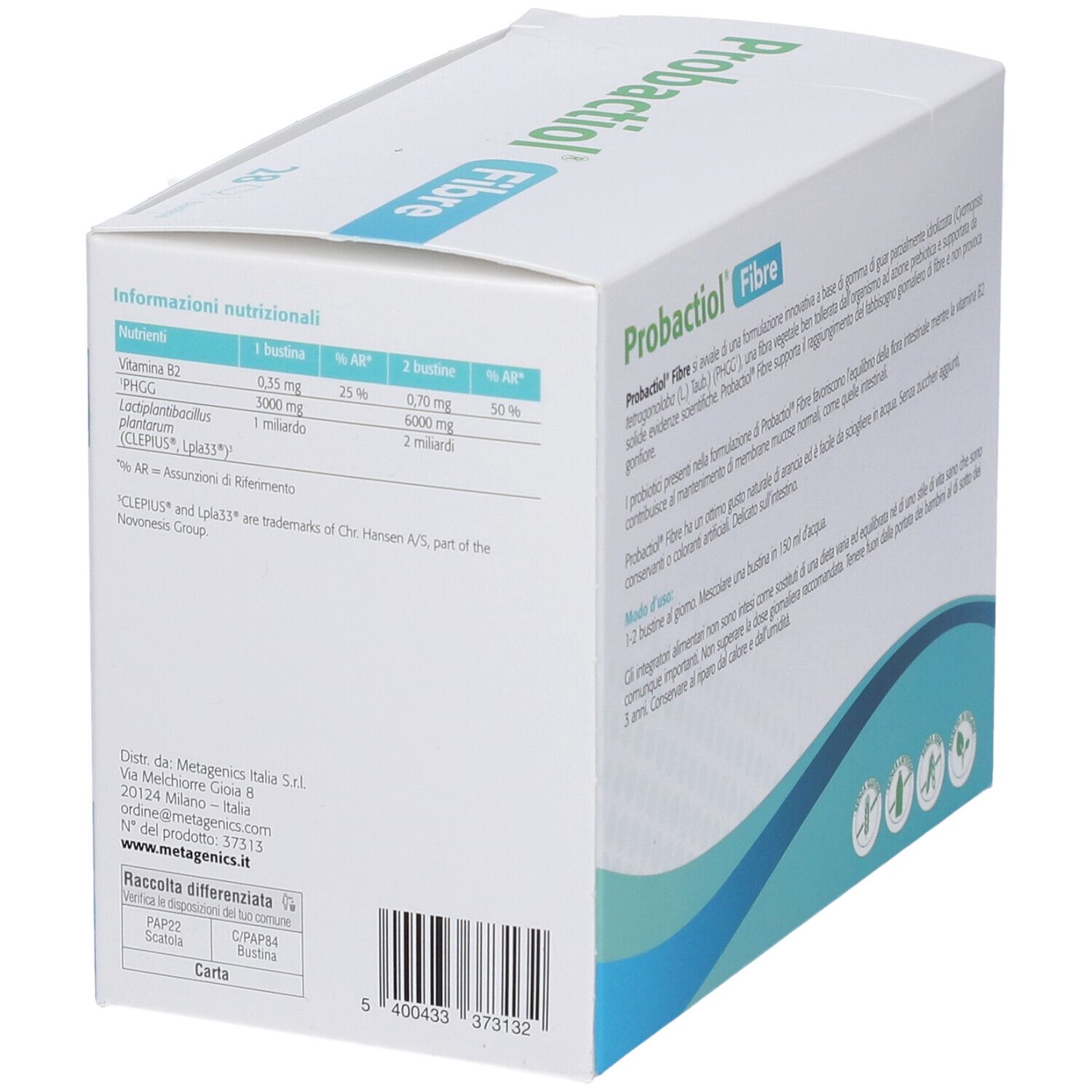 PROBACTIOL Fibre Packung. Rückseite mit Nährwertangaben und Herstellerinformationen. Enthält 28 Beutel.