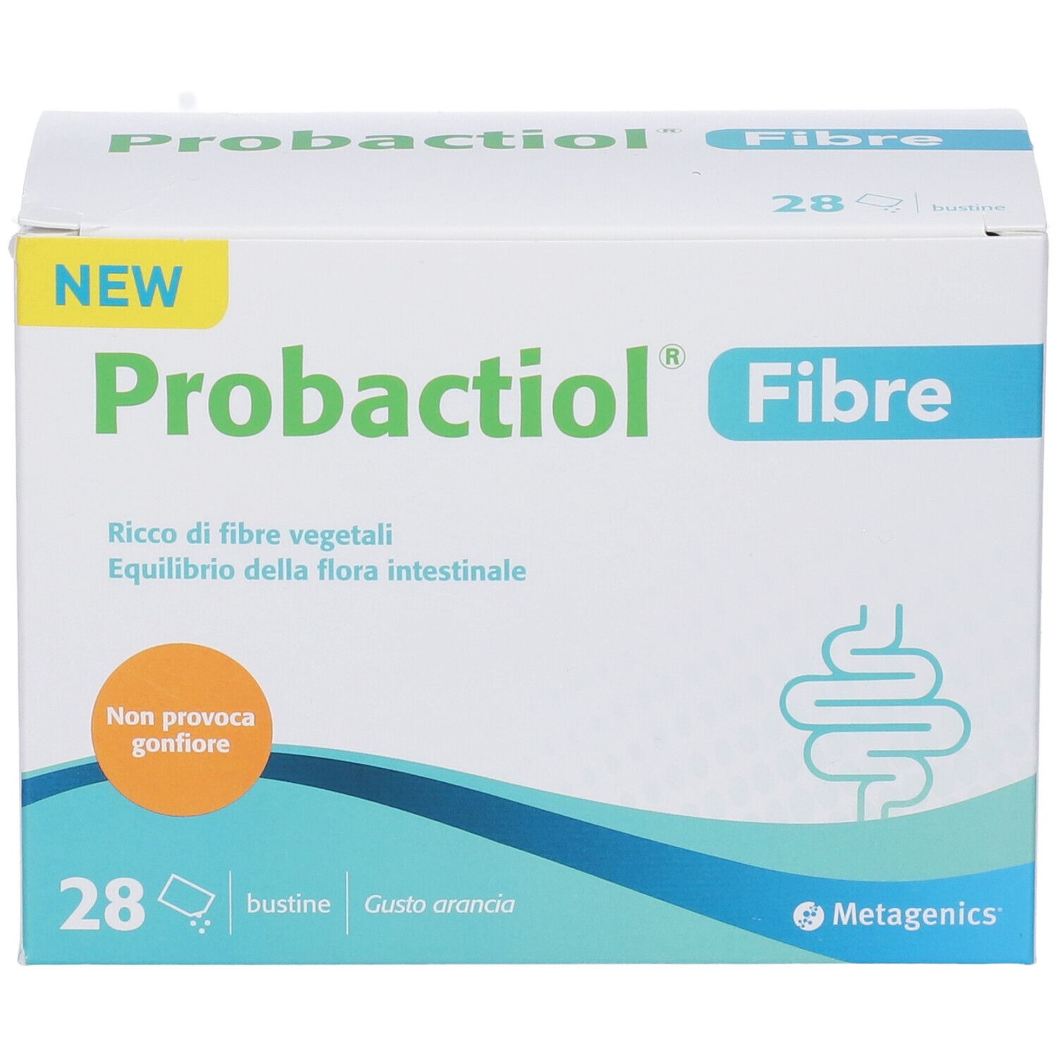 PROBACTIOL Fibre Packung. Enthält 28 Beutel. Text: Ricco di fibre vegetali, Equilibrio della flora intestinale. Orange Geschmack.