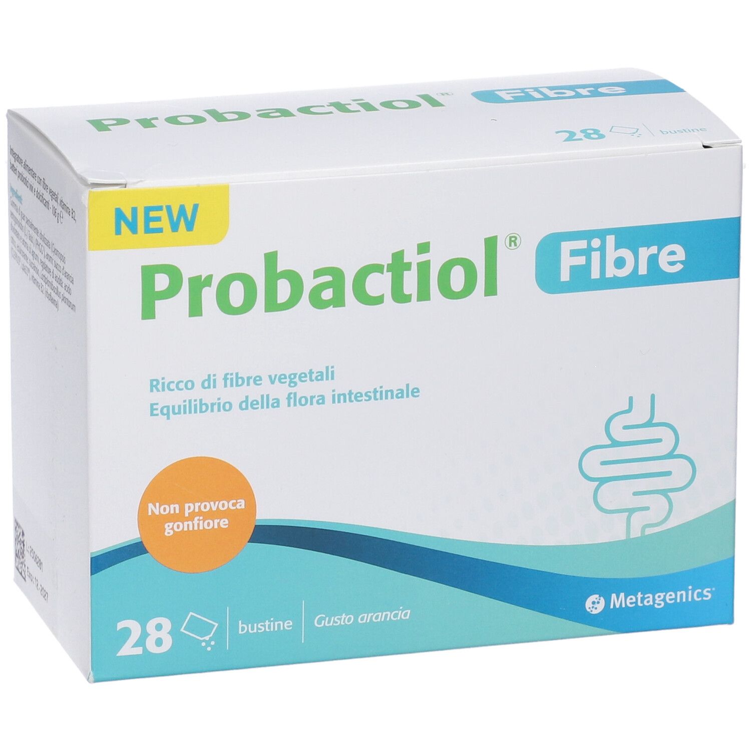 PROBACTIOL Fibre Packung. Enthält 28 Beutel. Text: Ricco di fibre vegetali, Equilibrio della flora intestinale. Orange Geschmack.