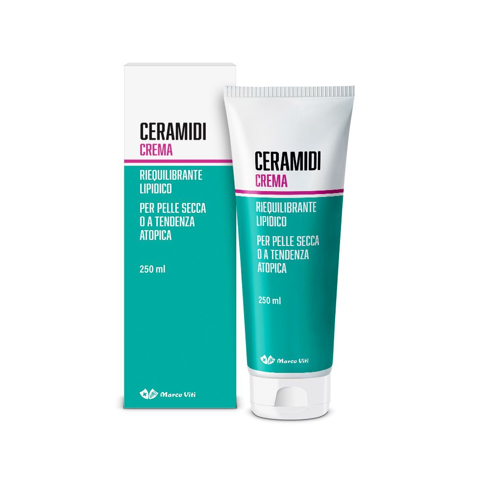 Tubo e scatola di crema. Scritto: Ceramidi Crema. Per pelli secche o a tendenza atopica. Marchio Marco Viti.