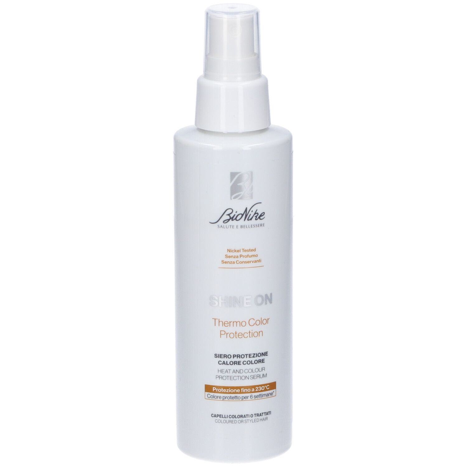 Flacone spray bianco con siero Bionike Thermo Color Protection. Contiene protezione dal calore.