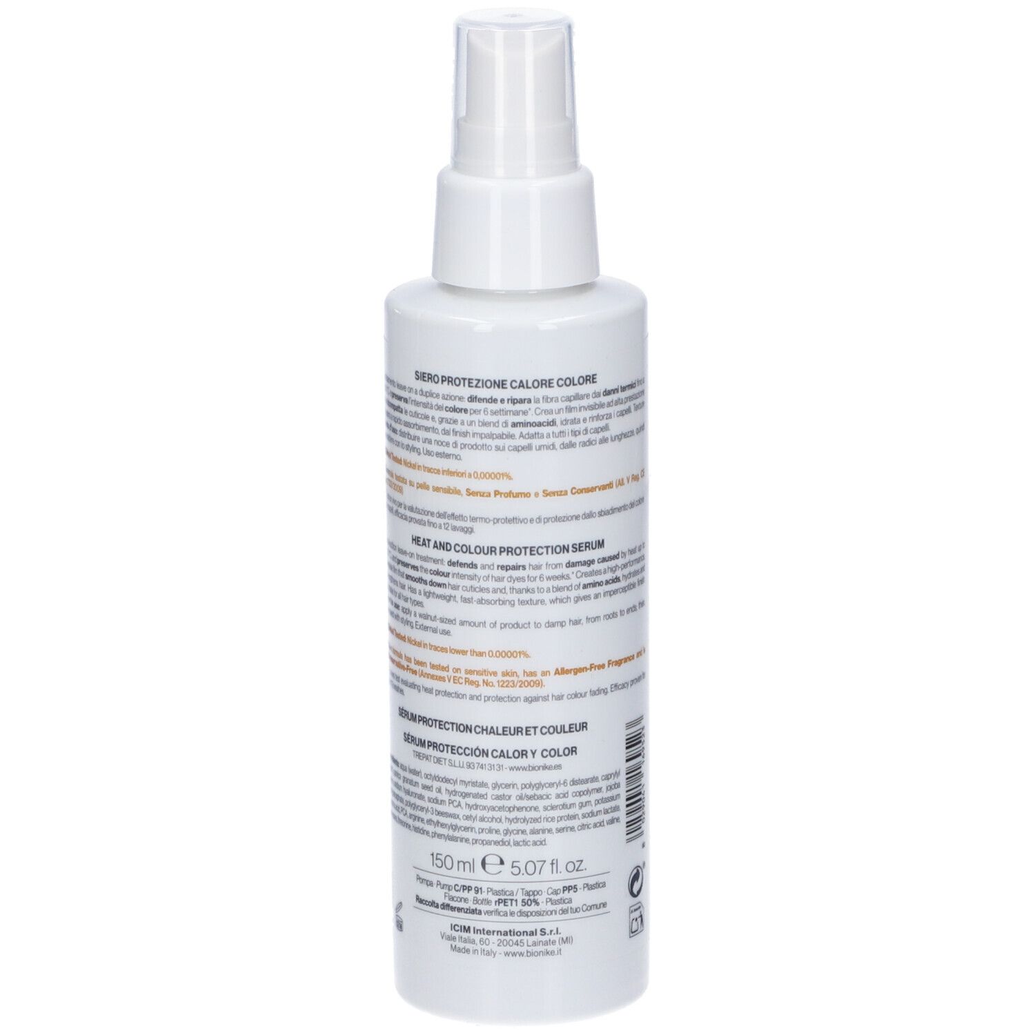Flacone spray bianco con siero protezione calore e colore, 150 ml.