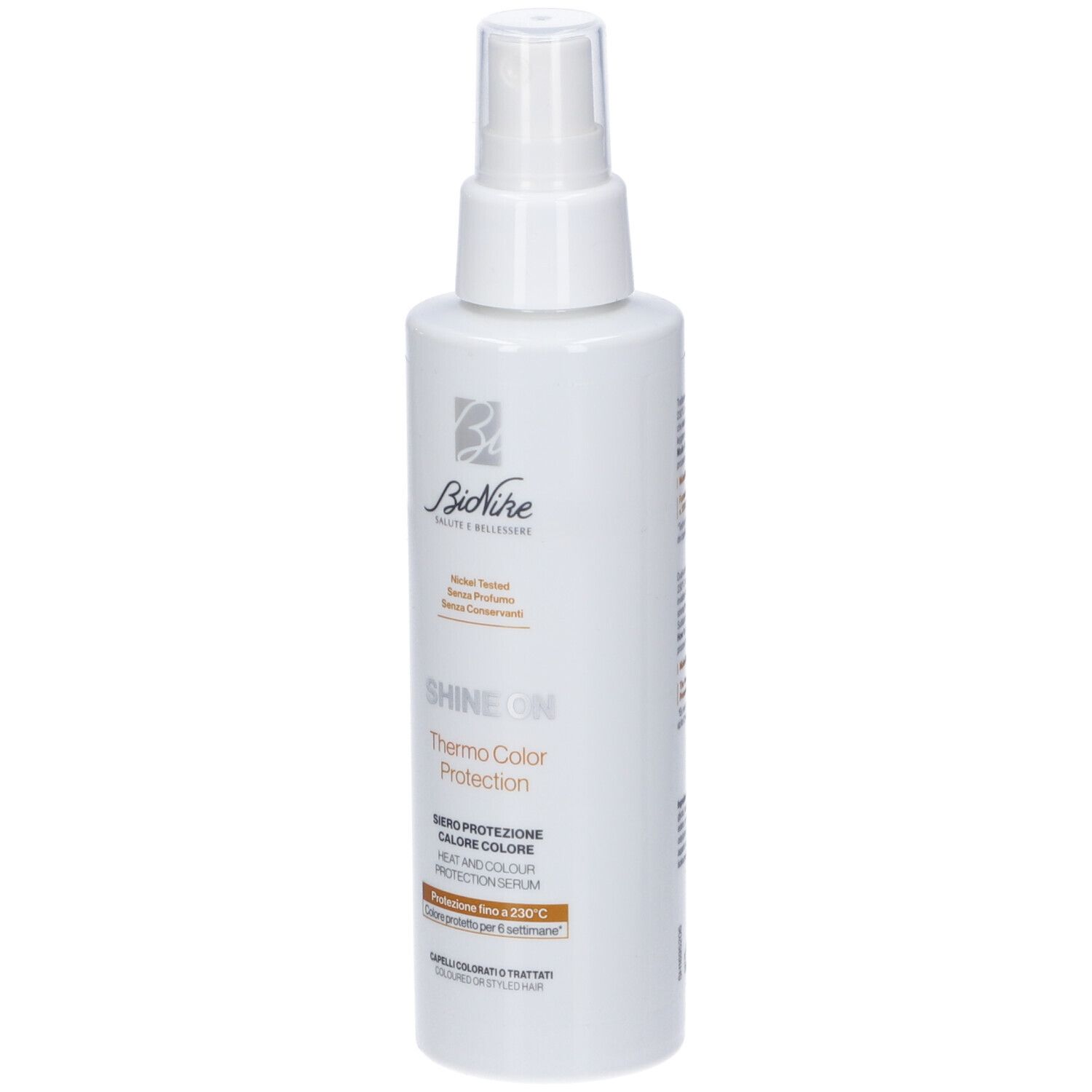 Bionike Shine On Thermo Color Protection Spray. Flacone bianco spray con etichetta.
