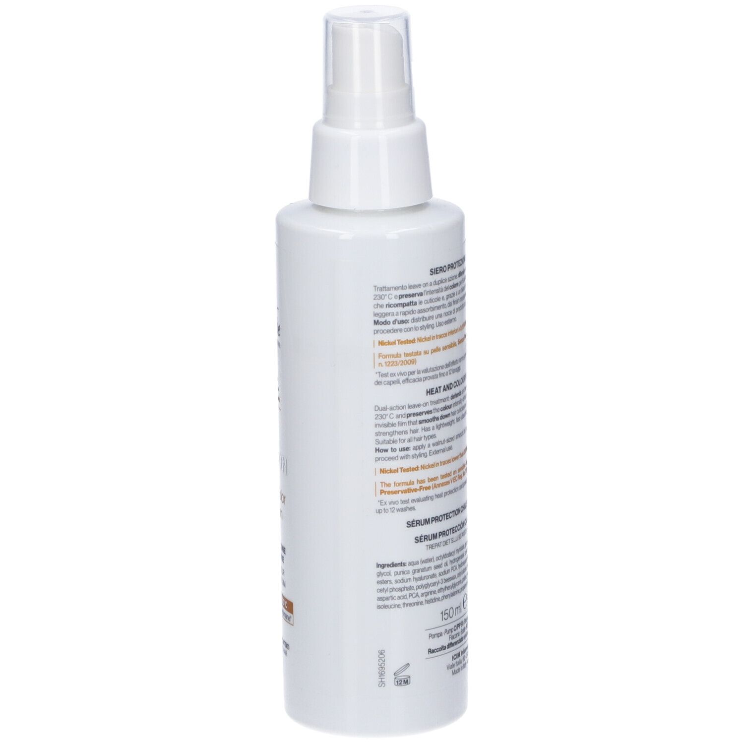 Flacone spray bianco con etichetta che elenca ingredienti e istruzioni. Contiene 150 ml.